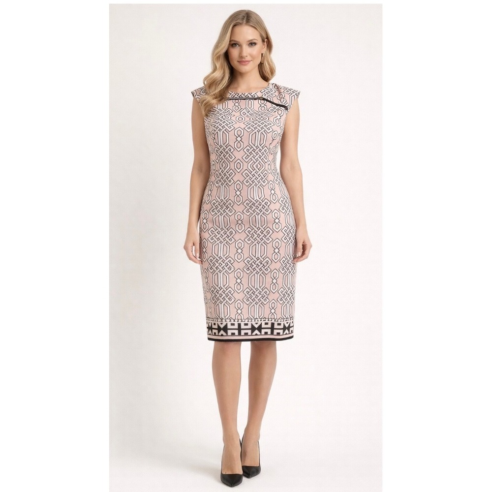 Karin Stevens Pink Black Geometric Preppy Dress Shoulder Zipper Career sz 12